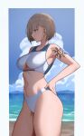  1girl beach bikini blue_eyes bob_cut breasts brown_hair cero_(last2stage) clothing_cutout day from_side highres large_breasts navel parted_lips short&#039;outdoors short_hair shoulder_tattoo solo stomach swimsuit tatakau_ataisuru tattoo thighs underboob_cutout water white_bikini 