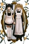  2girls :&lt; :| apron arm_at_side black_dress black_eyes black_hair blunt_bangs blush closed_mouth collared_dress dress expressionless frilled_apron frills full_body hair_between_eyes highres holding_hands inu_dakisime long_dress long_hair long_sleeves looking_at_viewer maid maid_headdress mirror multiple_girls neck_ribbon orange_eyes orange_hair original ribbon short_dress short_sleeves side-by-side simple_background straight-on thigh_strap thighhighs twintails very_long_hair white_apron white_background white_thighhighs zettai_ryouiki 