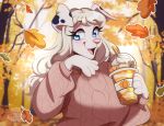 2023 :3 autumn beverage blue_eyes canid canine canis clothed clothing container cup dalmatian detailed_background domestic_dog eyelashes female ferwanwan holding_container holding_cup holding_object leaf mammal open_mouth open_smile outside pink_nose shaded smile solo sweater topwear watermark