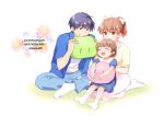  1boy 2girls anniversary antenna_hair blue_dress blue_eyes blue_pants blue_shirt brown_eyes brown_hair clannad closed_eyes dango_daikazoku dress family father_and_daughter furukawa_nagisa husband_and_wife indian_style misaki_juri mother_and_daughter multiple_girls okazaki_tomoya okazaki_ushio pants ponytail sailor_dress shirt short_hair sitting skirt socks white_skirt white_socks yellow_shirt 