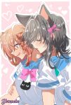  2girls animal_ears asanagi_yori black_hair blush border bow bowtie breasts brown_eyes brown_hair cat_ears cat_girl closed_eyes dog_ears dog_girl full-face_blush green_bow green_bowtie hair_bow hair_intakes heart highres kemonomimi_mode kino_himari medium_breasts medium_hair multiple_girls nervous_sweating open_mouth outline outside_border parted_lips pink_background pink_bow pink_bowtie sasayaku_you_ni_koi_wo_utau school_uniform shirt short_hair short_sleeves sidelocks sweat upper_body white_border white_outline white_shirt yoruneko_(liampadolina) yuri 