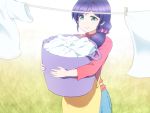  1girl apron clothes_pin clothesline commentary eyebrows_visible_through_hair green_eyes hair_ornament hair_scrunchie holding laundry laundry_basket long_hair love_live! love_live!_school_idol_project older pink_shirt purple_hair scrunchie shirosato shirt smile solo toujou_nozomi yellow_apron 