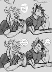 anthro canid clothed clothing comic duo ear_piercing ear_ring english_text eyes_closed fangs floppy_ears gauged_ear grin hair horn laugh leaning_on_arm male mammal messy_hair monochrome muscular muscular_anthro muscular_male open_mouth piercing rayliicious ring_piercing shirt simple_background sitting smile speech_bubble t-shirt teeth text topwear wide_eyed
