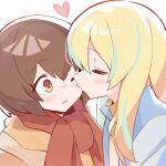  2girls blonde_hair blush brown_hair closed_eyes commentary hashtag-only_commentary heart highres kiss kissing_cheek kouzuki_mahiru long_hair multiple_girls one_eye_closed parted_lips red_scarf scarf simple_background upper_body white_background yamanouchi_kano yoru_no_kurage_wa_oyogenai yuri zhanzhangzlw 