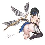  1girl arm_strap ass back bar_censor bare_back bare_shoulders black_hair black_thighhighs blue_eyes blue_hair breasts butt_plug censored commentary_request cup detached_wings drinking_glass feet from_behind full_body hair_bun hair_ornament highres holding holding_cup jewel_butt_plug katya_(snowbreak) large_breasts multicolored_hair no_panties profile pussy revealing_clothes sex_toy signature simple_background single_thighhigh snowbreak:_containment_zone soles solo squatting stmast streaked_hair thighhighs twitter_username two-tone_hair white_background wings 