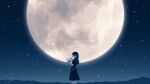  1girl amenomori_howa black_dress black_hair dress faceless faceless_female facing_ahead feet_out_of_frame flower from_side full_moon glint highres holding holding_flower long_dress long_hair moon night night_sky original outdoors profile scenery signature sky solo star_(sky) starry_sky straight_hair white_flower wide_shot 