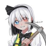  1girl 2023 akaakaakaakashio black_bow black_bowtie black_hairband black_ribbon blue_eyes bob_cut bow bowtie chinese_commentary collared_shirt commentary_request cookie_(touhou) dated eyes_visible_through_hair fingernails green_vest grin hair_between_eyes hair_over_eyes hair_ribbon hairband heterochromia high-visibility_vest highres holding holding_pickaxe konpaku_youmu looking_at_viewer pickaxe red_eyes ribbon shirt short_hair simple_background smile solo touhou two-tone_vest upper_body vest white_background white_hair white_shirt yellow_vest zerukalo_(cookie) 