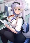  1girl :d absurdres belt black_pantyhose black_shorts blonde_hair blue_belt book breasts dango dog_girl dog_tail food from_side gloves gradient_hair green_eyes grey_hair half_gloves highres holding holding_book indoors keyboard_(computer) large_breasts long_hair looking_at_viewer looking_to_the_side monitor multicolored_hair neck_tassel nijisanji on_chair open_book pantyhose sezok shioriha_ruri shirt shorts sitting smile solo tail virtual_youtuber wagashi white_gloves white_shirt 