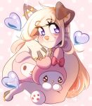  2023 :3 abstract_background anthro blonde_hair canid canine canis choker closed_smile crescent_moon domestic_dog ear_piercing female ferwanwan hair industrial_piercing jewelry mammal moon mouth_closed my_melody necklace onegai_my_melody piercing pink_theme plushie purple_eyes sanrio smile solo sparkles 