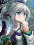  1girl bare_shoulders blue_eyes blush breasts cheek-to-shoulder grey_hair hat highres japanese_clothes kariginu layered_clothes layered_sleeves medium_hair mononobe_no_futo pygrenix ribbon-trimmed_sleeves ribbon_trim side_ponytail sky small_breasts smile solo tate_eboshi temple touhou tree 