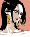  1girl bare_shoulders black_hair blue_eyes boa_hancock close-up commentary_request detective_0414 earrings eyelashes highres jewelry long_hair looking_to_the_side one_piece orange_background red_lips simple_background snake_earrings solo twitter_username 