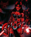  1girl black_hair breasts cleavage colored_skin demon_girl demon_tail glowing glowing_hand highres holding holding_weapon horns large_breasts long_hair looking_at_viewer navel_piercing piercing pointy_ears red_skin science_fiction sleazy_art solo standing star_wars sword tail tattoo weapon 
