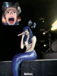  1girl 2boys blue_hair chilchuck_tims commentary crossed_legs drum drum_set dungeon_meshi fan_screaming_at_madison_beer_(meme) holding holding_microphone instrument laios_touden liggi long_hair meme mermaid microphone monster_girl multiple_boys music nude open_mouth photo_background screaming singing sitting 