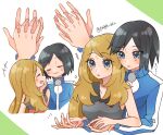  ! 1boy 1girl bare_arms black_hair blue_jacket blush calem_(pokemon) closed_eyes grey_eyes hetero holding_hands jacket light_brown_hair pokemon pokemon_xy rain_(tonight_862) serena_(pokemon) sweat 