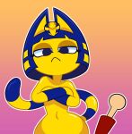  2021 :&lt; animal_crossing ankha_(animal_crossing) ankha_zone anthro bangs blue_hair crossed_arms digital_drawing_(artwork) digital_media_(artwork) domestic_cat duo felid feline felis female goopbloop gradient_background hair hi_res human lidded_eyes male male/female mammal markings mouth_closed narrowed_eyes navel nintendo simple_background small_waist striped_markings striped_tail stripes suggestive tail tail_markings uraeus villager_(animal_crossing) wide_hips yellow_body yellow_face yellow_inner_ear 