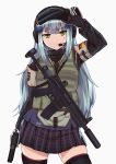  1girl alternate_costume assault_rifle bangs black_gloves blue_hair blunt_bangs closed_mouth eyebrows_visible_through_hair facial_mark girls_frontline gloves green_eyes gun h&amp;k_hk416 hair_ornament headset hk416_(girls_frontline) long_hair long_sleeves looking_at_viewer parody persocon93 pleated_skirt pouch rainbow_six_siege rifle simple_background skirt solo teardrop thighhighs vest weapon white_background 