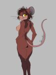 anthro big_ears breasts brown_body brown_fur buckteeth butt camel_toe deerwalker female flat_colors fluffy fur hi_res looking_at_viewer mammal mouse murid murine nipples raised_tail rodent side_boob simple_background smile solo standing tail teeth whiskers yellow_eyes