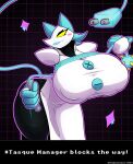 anthro big_breasts breasts clothed clothing darkner deltarune english_text felid feline female floating_hands hair hi_res huge_breasts machine mammal robot simple_background solo tasque_manager text thegentlebro thick_thighs undertale_(series) yellow_eyes