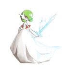  bob_cut dress elbow_gloves gardevoir gloves green_hair holding holding_sword holding_weapon looking_at_viewer mega_gardevoir mega_pokemon pokemon pokemon_(creature) rahner simple_background strapless strapless_dress sword weapon white_background white_dress white_gloves 