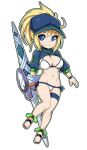  1girl ahoge artoria_pendragon_(all) baseball_cap bikini blonde_hair blue_eyes blue_headwear breasts eyebrows_visible_through_hair fate/grand_order fate_(series) full_body hair_through_headwear hat highres large_breasts leg_garter mysterious_heroine_xx_(foreigner) navel ponytail short_hair shrug_(clothing) simple_background slugbox smile solo swimsuit twinmyniad white_background white_bikini 