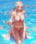  1girl absurdres bare_shoulders bikini blonde_hair breasts caustics cleavage dungeon_and_fighter female_slayer_(dungeon_and_fighter) flower hair_flower hair_ornament hairpin halterneck highres jacket large_breasts long_hair looking_at_viewer monaim navel off_shoulder petals petals_on_liquid pink_flower red_eyes solo standing swimsuit vagabond_(dungeon_and_fighter) very_long_hair wading water wet white_bikini white_flower white_jacket 