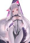  1girl animal_ears bodysuit breasts commentary_request grey_hair hand_up head_tilt highres long_hair looking_at_viewer medium_breasts original p19 parted_lips red_eyes solo standing tail thigh_gap very_long_hair white_background white_bodysuit 