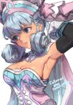  1girl armpits blue_eyes breasts cape dress elbow_gloves gloves grey_hair highres medium_breasts melia_antiqua r123 solo strapless strapless_dress upper_body xenoblade_chronicles_(series) xenoblade_chronicles_1 