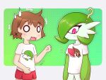 2girls ? absurdres ancesra arms_at_sides blank_eyes blush bob_cut border brown_hair character_print closed_mouth clothed_pokemon colored_skin comedic_sweatdrop commission commissioner_upload crossover dot_mouth flat_chest gardevoir gradient_background green_background green_hair green_skin hair_ornament hair_over_one_eye hand_up hidamari_sketch highres light_blush looking_at_self looking_down miniskirt multicolored_skin multiple_girls nervous non-web_source notice_lines o_o one_eye_covered open_mouth outline outside_border pleated_skirt pokemon pokemon_(creature) red_skirt shirt short_hair short_sleeves sidelocks simple_background skirt standing torn_clothes torn_shirt transparent_border trembling two-tone_skin upper_body wavy_mouth white_eyes white_shirt white_skin x_hair_ornament yuno_(hidamari_sketch) 