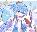  1boy blue_hair bug butterfly_net closed_mouth expressionless futaba969649 hand_net ladybug long_sleeves looking_at_viewer puyopuyo red_eyes rhinoceros_beetle short_hair sig_(puyopuyo) solo upper_body 
