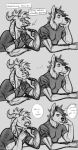  anthro canid clothed clothing comic duo ear_piercing ear_ring english_text fangs floppy_ears gauged_ear hair hi_res horn leaning_on_arm male mammal messy_hair monochrome muscular muscular_anthro muscular_male open_mouth piercing rayliicious ring_piercing shirt simple_background sitting speech_bubble t-shirt teeth text topwear 