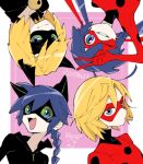  2boys 2girls adrien_agreste animal_ears bell black_bodysuit black_mask blonde_hair blue_eyes blue_hair bodysuit cat_boy cat_ears cat_girl chat_noir closed_mouth green_eyes jingle_bell lady_noir ladybug_(character) marinette_dupain-cheng miracharink0 miraculous_ladybug misterbug_(character) multiple_boys multiple_girls one_eye_closed open_mouth polka_dot red_bodysuit red_mask slit_pupils smile superhero_costume upper_body v 