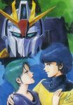  1980s_(style) 1985 1boy 1girl blue_hair concept_art couple dated four_murasame good_end green_hair gundam highres hug kamille_bidan kitazume_hiroyuki mecha mobile_suit production_art promotional_art retro_artstyle robot scan science_fiction short_hair signature traditional_media upper_body v-fin zeta_gundam zeta_gundam_(mobile_suit) 