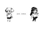  2girls :o akemi_homura bow bowtie chibi clenched_hand closed_mouth collared_shirt coronavirus_pandemic english_text expressionless full_body greyscale hair_ribbon hairband hand_in_own_hair hand_on_own_chin high_collar highres juliet_sleeves kaname_madoka lace-trimmed_shirt lace-trimmed_sleeves lace_trim light_blush long_hair long_sleeves looking_ahead looking_at_viewer mahou_shoujo_madoka_magica mahou_shoujo_madoka_magica_(anime) miniskirt mitakihara_school_uniform monochrome multiple_girls no+bi= pantyhose parted_lips pleated_skirt pocket puffy_sleeves ribbon school_uniform shirt shoes short_hair short_twintails simple_background skirt social_distancing studded_hairband thighhighs twintails white_background 