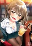  1girl alcohol bangs black_legwear blush bottle breasts brown_eyes cleavage collarbone commentary_request cup drinking_straw holding holding_cup jacket light_brown_hair long_sleeves looking_at_viewer office_lady open_mouth original pantyhose round_teeth shirt short_hair sitting skirt solo teeth tsukana_(saba_mizore) white_shirt 