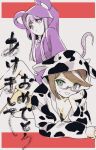  2girls alternate_costume animal_costume animal_ears bare_legs blunt_bangs blunt_ends braid breasts brown_hair chinese_new_year cleavage clenched_hand collarbone commentary_request cow_costume cow_ears cow_hood cow_horns danganronpa_(series) danganronpa_kirigiri fake_animal_ears fake_horns feet_out_of_frame glasses green_eyes hand_on_own_cheek hand_on_own_face highres horns kirigiri_kyoko large_breasts letterboxed long_sleeves looking_at_viewer lying mouse_costume mouse_ears mouse_tail multicolored_hair multiple_girls nervous_smile no+bi= on_stomach open_mouth outside_border purple_eyes purple_hair red-framed_eyewear samidare_yui short_hair sidelocks simple_background single_braid sitting sitting_on_person smile straight_hair streaked_hair sweatdrop tail white_background white_hair white_horns 