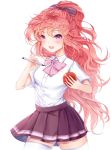  1girl :d apple bad_proportions black_skirt blush bow food fruit hair_bow jilo long_hair looking_at_viewer open_mouth pen pen-pineapple-apple-pen pink_bow pink_hair pleated_skirt purple_eyes school_uniform shirt short_sleeves simple_background skirt smile solo standing thighhighs very_long_hair wavy_hair white_background white_legwear white_shirt 