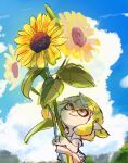  1girl blonde_hair blue_sky closed_mouth cloud day flower holding holding_flower inkling inkling_girl inkling_player_character koike3582 looking_up outdoors pointy_ears shirt short_hair short_sleeves sky smile solo splatoon_(series) sunflower t-shirt tentacle_hair white_shirt yellow_eyes yellow_flower 