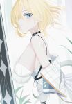  1girl absurdres aliez black_choker blonde_hair blue_eyes breasts chain choker closed_mouth dress eyelashes from_side gold_chain highres jacket kaneko_lumi large_breasts off_shoulder phase_connect plant short_hair solo twitter_username virtual_youtuber white_dress white_jacket 