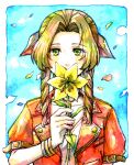  1girl aerith_gainsborough bangle blue_background border bracelet braid braided_ponytail brown_hair choker cropped_jacket dress falling_petals final_fantasy final_fantasy_vii final_fantasy_vii_rebirth final_fantasy_vii_remake flower flower_choker green_eyes hair_ribbon highres holding holding_flower jacket jewelry lily_(flower) looking_at_viewer moke_mokke parted_bangs petals pink_dress pink_ribbon puffy_short_sleeves puffy_sleeves red_jacket ribbon short_sleeves sidelocks solo upper_body wavy_hair white_border yellow_flower 