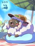  beach_umbrella bean_bag blush brown_eyes cloud commentary_request cup drink drinking_glass flower gen_8_pokemon hat hat_flower lying ni_jikan no_humans on_stomach open_mouth outdoors pokemon pokemon_(creature) pokemon_(game) pokemon_swsh sheep sky smile sun_hat sunflower umbrella wooloo 