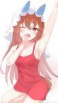  1girl absurdres animal_ears armpits breasts brown_hair cleavage collarbone commentary_request hair_between_eyes hair_ornament highres horse_ears horse_girl horse_tail kudo_(user_dzch8572) long_hair looking_at_viewer one_eye_closed open_mouth red_eyes simple_background small_breasts solo still_in_love_(umamusume) tail umamusume veil white_background yawning 