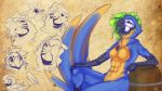  16:9 anthro avian barrel beak bird black_beak blue_feathers breasts chest_tuft eyelashes feathers featureless_breasts female green_eyes green_hair hair half-closed_eyes long_tail macaw neotropical_parrot non-mammal_breasts parrot seductive smile solo tail_feathers theblackvixen true_parrot tuft yellow_feathers 