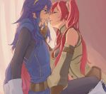  2girls bare_shoulders blue_cape blue_eyes blue_hair cape detached_sleeves fire_emblem fire_emblem_awakening hair_between_eyes hand_on_another&#039;s_face highres imminent_kiss long_hair long_sleeves looking_at_another lucina_(fire_emblem) multiple_girls pinwheejin red_cape red_eyes red_hair severa_(fire_emblem) sidelocks twintails two-tone_cape unfinished yuri 