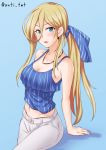  1girl alternate_hairstyle anti_(untea9) arm_support bangs bare_shoulders blonde_hair blue_eyes blush breasts casual cleavage collarbone commentary_request cowboy_shot denim eyebrows_visible_through_hair frills hair_between_eyes hair_ribbon highres jeans jewelry kantai_collection large_breasts long_hair looking_at_viewer midriff mole mole_under_eye mole_under_mouth navel necklace open_mouth pants ponytail ribbon richelieu_(kantai_collection) simple_background solo standing twitter_username 