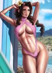  1girl absurdres aerith_gainsborough armpits arms_up blue_sky bow bracket braid breasts brown_hair choker cleavage cloud criss-cross_halter dandon_fuga day final_fantasy final_fantasy_vii flower green_eyes hair_flower hair_ornament hair_ribbon halterneck highres large_breasts long_hair navel navel_cutout paid_reward patreon_reward pink_swimsuit ponytail ribbon shiny shiny_skin sky swimsuit water white_choker 