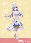  1girl absurdres animal_ears breasts dress easter_egg egg eiai_nano grey_dress grey_hair high_heels highres kimi_no_koto_ga_dai_dai_dai_dai_daisuki_na_100-nin_no_kanojo large_breasts long_hair looking_at_viewer medium_dress official_art rabbit_ears red_eyes short_sleeves solo 