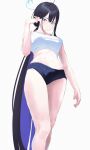  1girl bare_shoulders black_hair blue_archive blue_eyes blush breasts halo highres kuu_(user_gngs5284) large_breasts long_hair looking_at_viewer navel pointy_ears rin_(blue_archive) solo thighs 