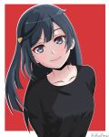  1girl absurdres artist_name black_hair black_shirt border breasts closed_mouth collarbone commentary english_commentary grey_eyes head_tilt highres long_hair long_sleeves looking_at_viewer love_live! love_live!_nijigasaki_high_school_idol_club medium_breasts one_side_up outside_border red_background shirt sidelocks smile solo truffadeazalea upper_body white_border yuki_setsuna_(love_live!) 