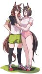  2girls absurdres air_groove_(umamusume) animal_ears black_thighhighs bojue_(hakus_1128) breasts brown_hair buruma clipboard commentary_request ear_ornament earrings full_body green_shorts hair_between_eyes highres holding holding_clipboard horse_ears horse_girl horse_tail jewelry medium_breasts multicolored_hair multiple_girls original_race_uniform_(umamusume) pink_buruma puffy_short_sleeves puffy_sleeves purple_eyes shirt shoes short_hair short_sleeves shorts simple_background single_earring sneakers standing streaked_hair symboli_rudolf_(umamusume) tail thighhighs umamusume white_background white_hair white_shirt 