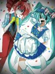  2girls @_@ absurdres apron aqua_eyes aqua_hair black_eyes black_necktie blue_dress bow buttons collared_shirt confetti diagonal-striped_bow double-breasted dress drill_hair gloves hands_up hat hatsune_miku heterochromia highres kasane_teto long_hair mesmerizer_(vocaloid) multiple_girls necktie open_mouth pants puffy_short_sleeves puffy_sleeves red_eyes red_hair red_hat red_pants sharp_teeth shirt short_sleeves smile striped_clothes striped_dress striped_shirt suspenders teeth tongue tongue_out twin_drills twintails unagizaka_gohan utau vertical-striped_clothes vertical-striped_dress vertical-striped_shirt visor_cap vocaloid waist_apron waitress white_apron white_shirt yellow_gloves 